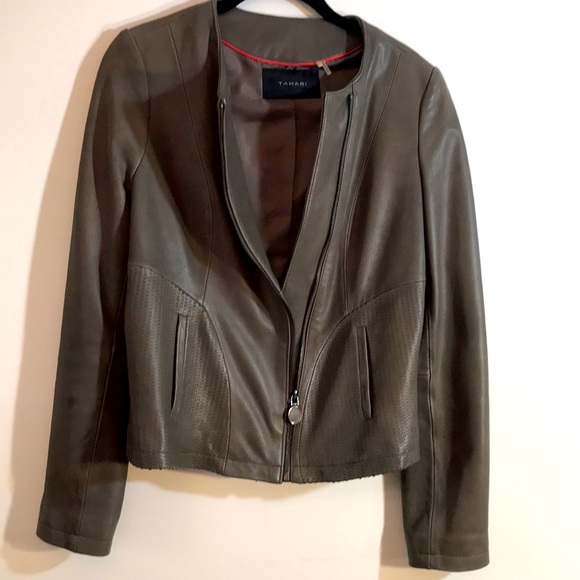 Tahari Jackets & Blazers - 👻 GORGEOUS Tahari  Leather Moto Jacket Buttery Soft Brown Gray Small 🌸